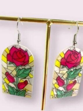 ⭐️❤️FREE Window Stained Glass Tapestry Floral Chic Glam Art Artsy Drop Earrings